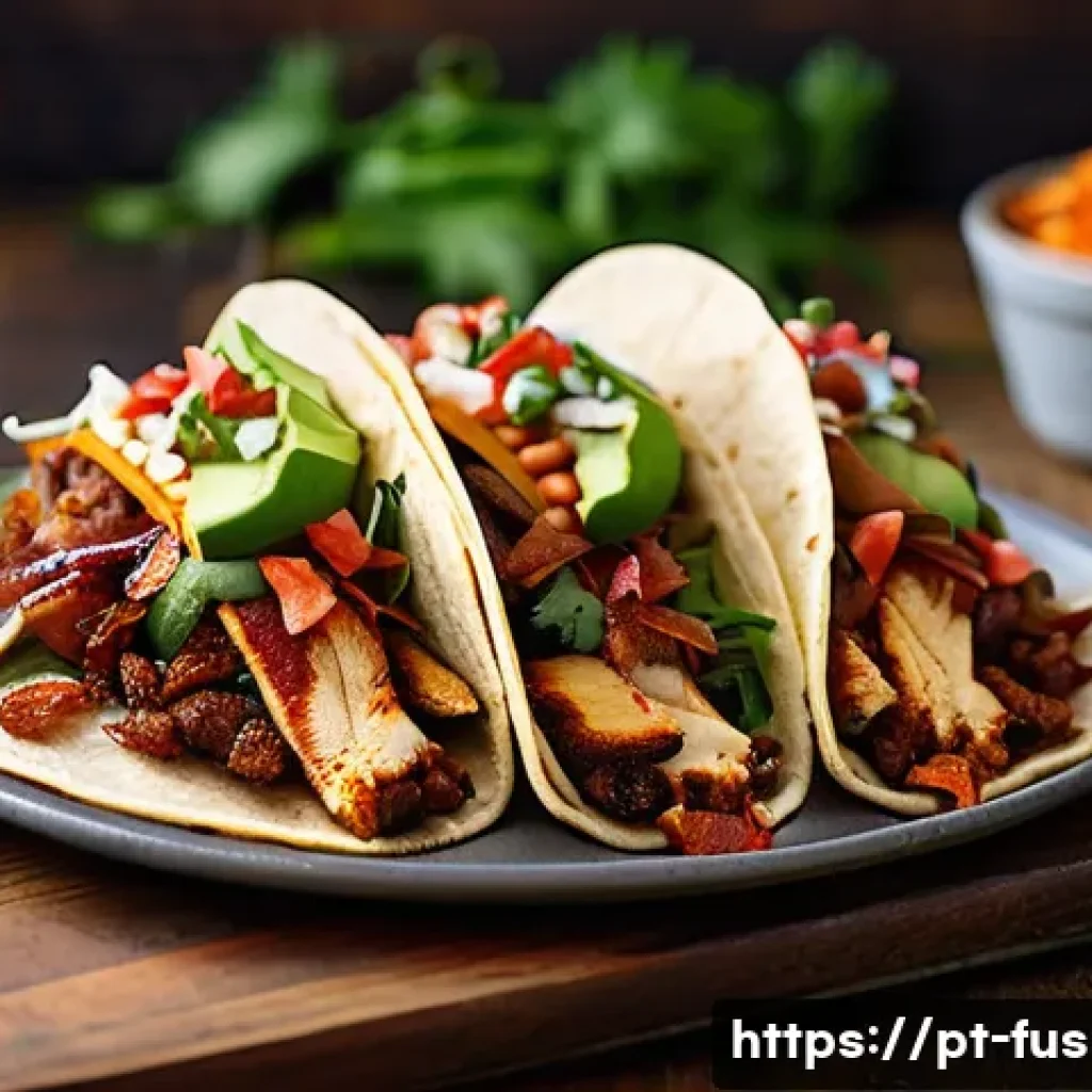 퓨전 타코 제조사별 소스 특징 - A vibrant close-up of a gourmet taco topped with a smoky chipotle sauce infused with paprika and cri...