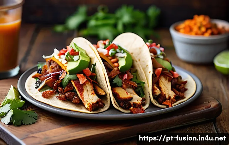 퓨전 타코 제조사별 소스 특징 - A vibrant close-up of a gourmet taco topped with a smoky chipotle sauce infused with paprika and cri...