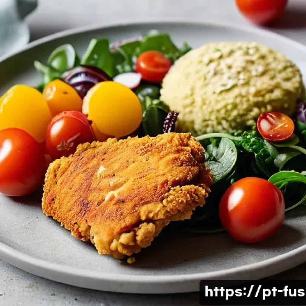 퓨전 패스트푸드 밀가루 대체 원료 - A vibrant, close-up image of a fast-food plate featuring golden chickpea flour-crusted fried chicken...