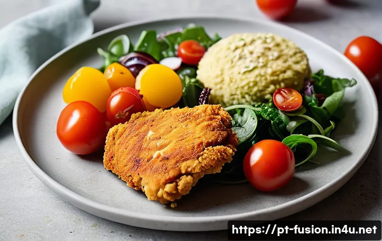 퓨전 패스트푸드 밀가루 대체 원료 - A vibrant, close-up image of a fast-food plate featuring golden chickpea flour-crusted fried chicken...