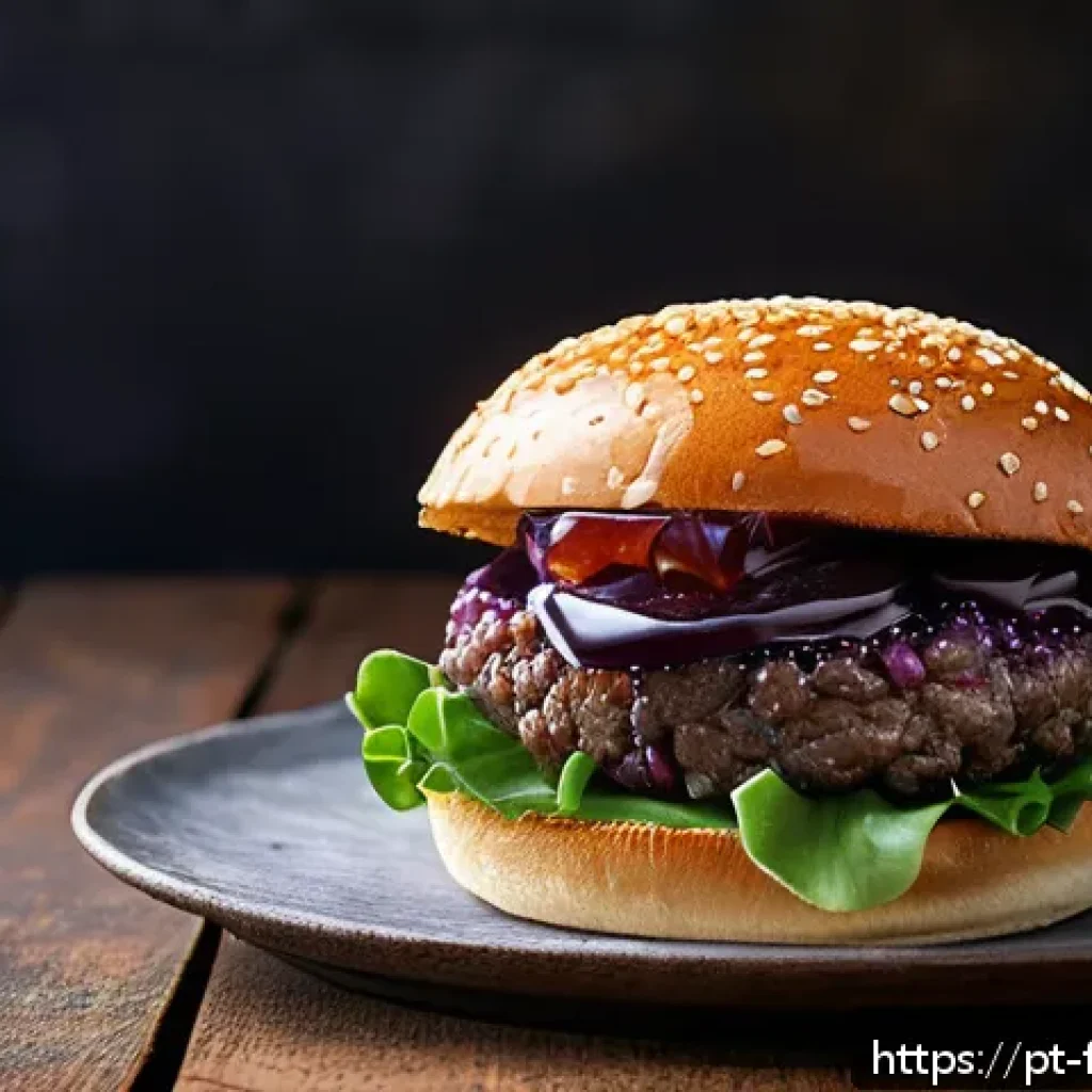 퓨전 버거의 로컬 재료 사용 - A gourmet burger on a rustic wooden table, featuring a thick juicy beef patty topped with glossy, de...