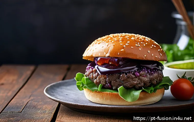 퓨전 버거의 로컬 재료 사용 - A gourmet burger on a rustic wooden table, featuring a thick juicy beef patty topped with glossy, de...