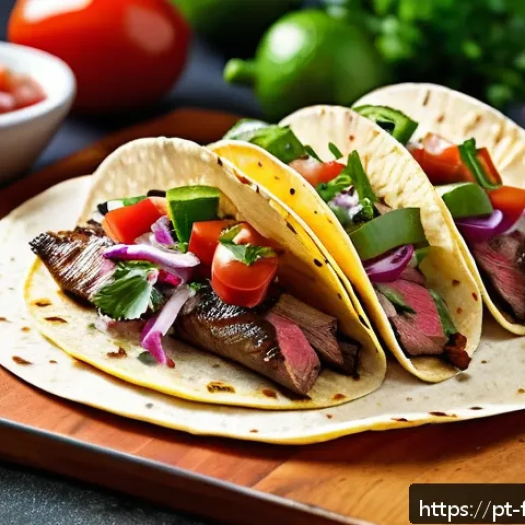 퓨전 타코의 고급 원료 - A close-up, high-resolution image of a gourmet fusion taco featuring a perfectly grilled ribeye stea...