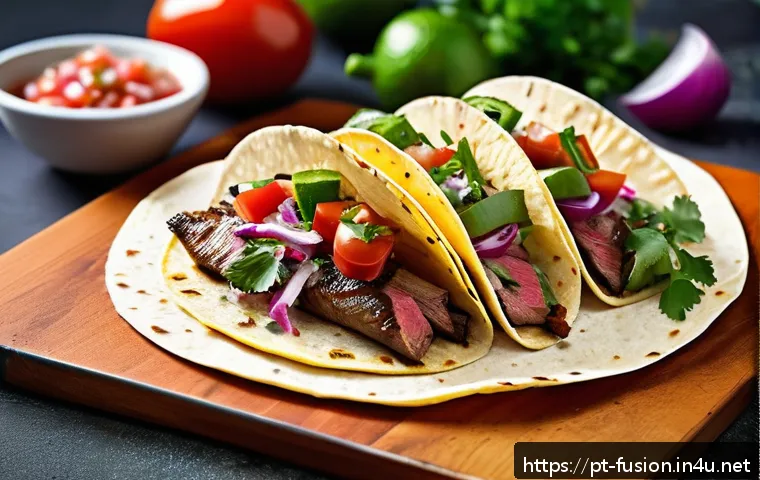 퓨전 타코의 고급 원료 - A close-up, high-resolution image of a gourmet fusion taco featuring a perfectly grilled ribeye stea...