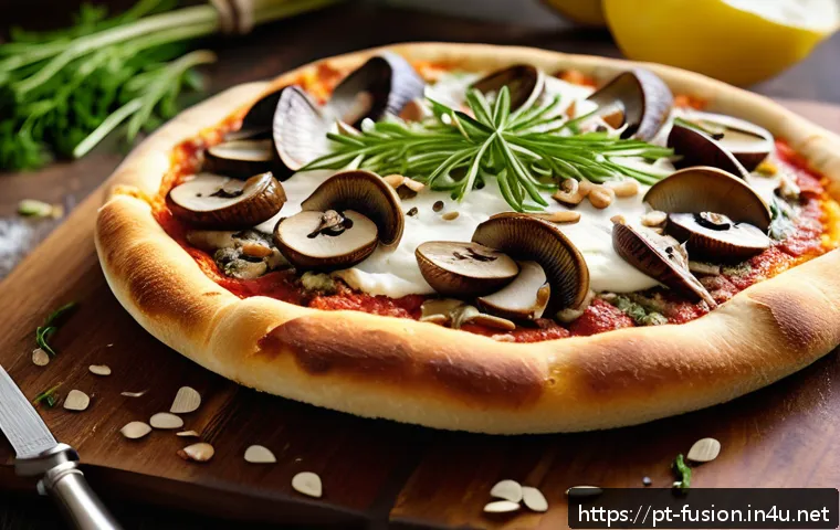 퓨전 피자 재료 비교 - A gourmet fusion pizza on a rustic wooden board featuring a whole wheat crust topped with creamy ric...