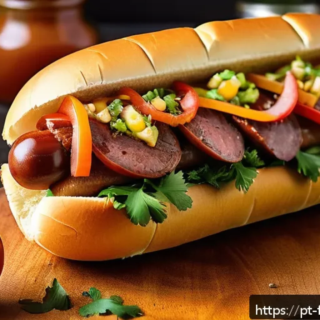 퓨전 핫도그의 지역화 메뉴 - A vibrant and detailed street food scene in Brazil showcasing a traditional hot dog fusion inspired ...
