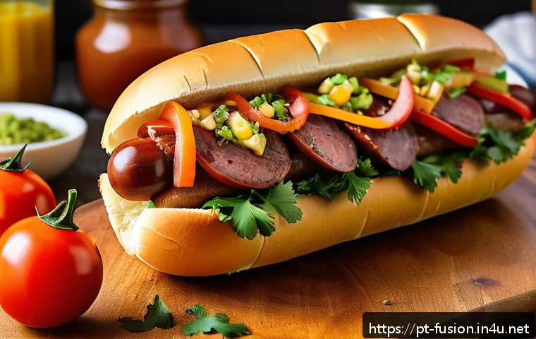 퓨전 핫도그의 지역화 메뉴 - A vibrant and detailed street food scene in Brazil showcasing a traditional hot dog fusion inspired ...