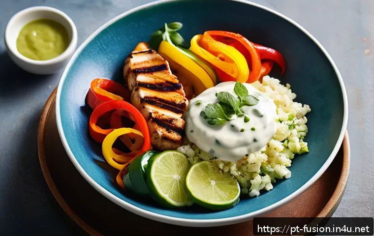 퓨전 패스트푸드 열량 최소화 - A vibrant fusion bowl featuring grilled Asian-spiced chicken breast, colorful saut&eacute;ed bell peppers, ...