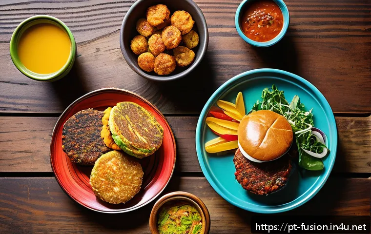 퓨전 패스트푸드의 식물성 단백질 - A vibrant Brazilian fast food scene showcasing a modern twist on traditional dishes: close-up of a r...