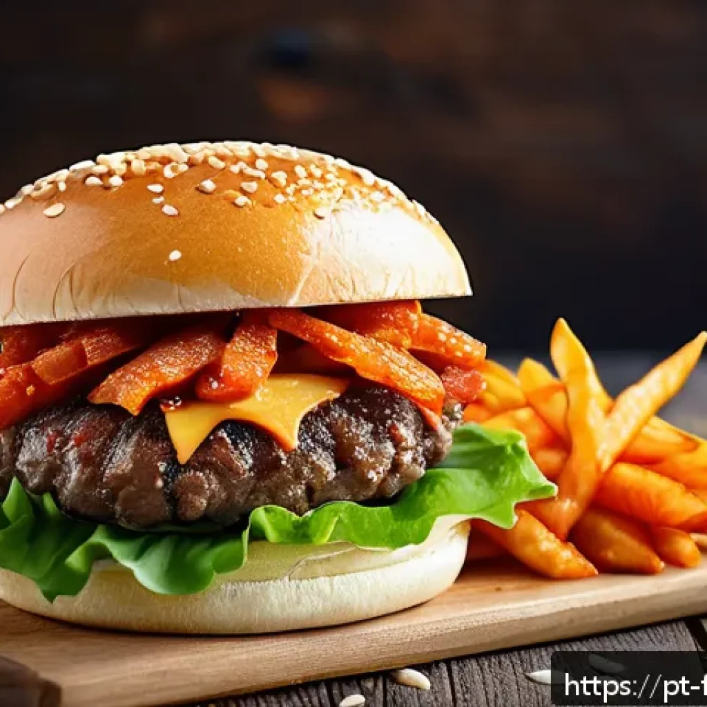 퓨전 패스트푸드 칼로리 비교 - A vibrant fusion fast food scene showcasing a gourmet kimchi beef burger with a glossy whole wheat b...