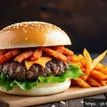 Home 22 퓨전 패스트푸드 칼로리 비교 - A vibrant fusion fast food scene showcasing a gourmet kimchi beef burger with a glossy whole wheat b...