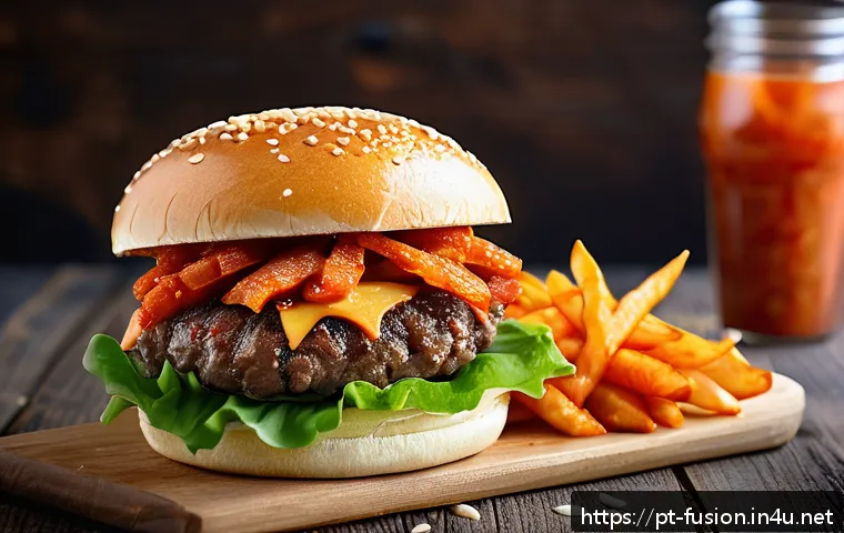 퓨전 패스트푸드 칼로리 비교 - A vibrant fusion fast food scene showcasing a gourmet kimchi beef burger with a glossy whole wheat b...