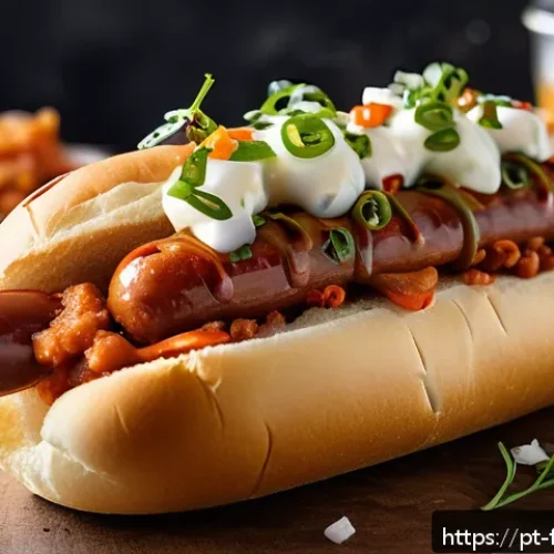Home 33 퓨전 핫도그의 브랜드별 리뷰 - A vibrant and detailed close-up of a gourmet fusion hot dog featuring a soft brioche bun filled with...