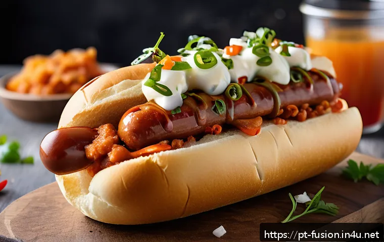 퓨전 핫도그의 브랜드별 리뷰 - A vibrant and detailed close-up of a gourmet fusion hot dog featuring a soft brioche bun filled with...