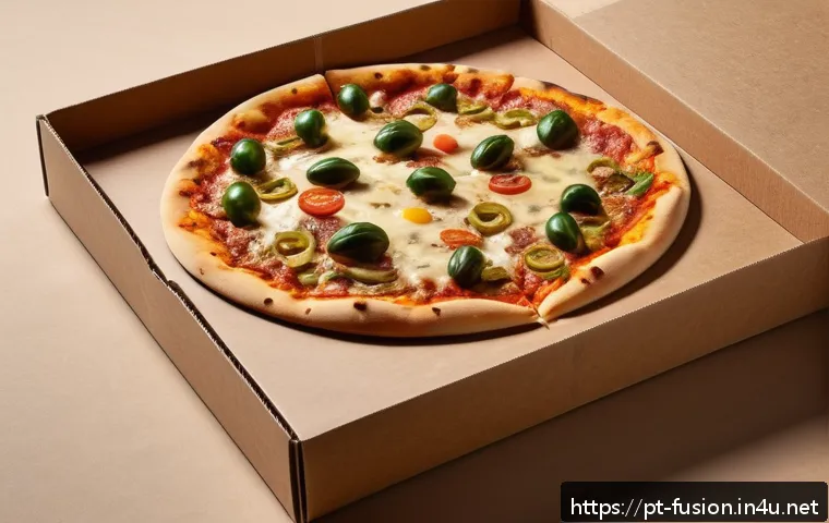 퓨전 피자 포장재 리뷰 - A high-resolution image of a fusion pizza inside a sustainable kraft paper box with a wax-coated inn...