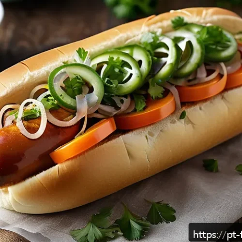 Home 31 퓨전 핫도그와 크런치 토핑 - A close-up, high-resolution image of a gourmet hot dog featuring a perfectly toasted artisanal bun w...