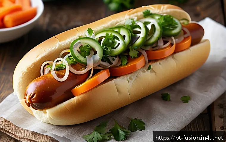 퓨전 핫도그와 크런치 토핑 - A close-up, high-resolution image of a gourmet hot dog featuring a perfectly toasted artisanal bun w...