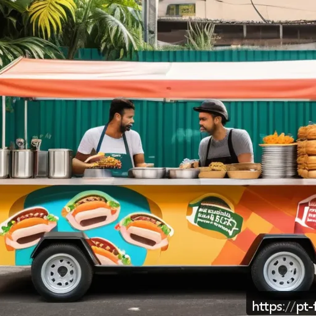 퓨전 핫도그 프랜차이즈 창업 후기 - A vibrant Brazilian street food scene featuring a fusion hot dog stall at a bustling urban market in...
