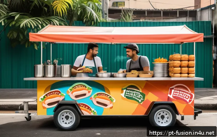 퓨전 핫도그 프랜차이즈 창업 후기 - A vibrant Brazilian street food scene featuring a fusion hot dog stall at a bustling urban market in...