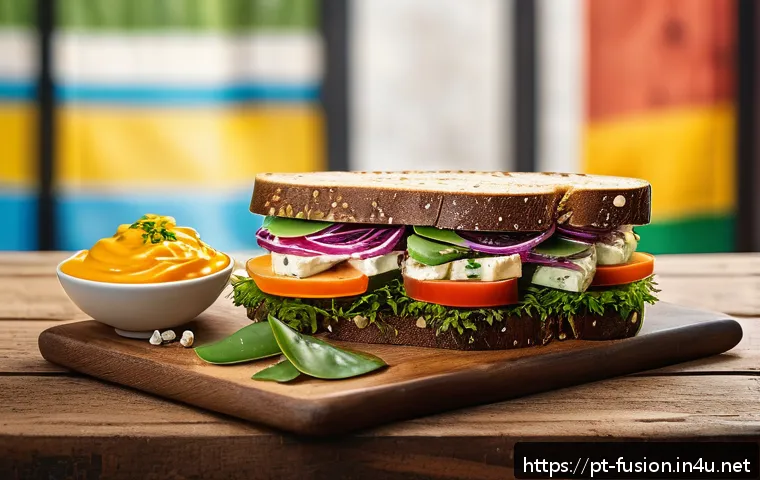 퓨전 샌드위치 제조사별 가격 - A vibrant fusion sandwich spread on a rustic wooden table in a Brazilian urban setting, featuring ar...