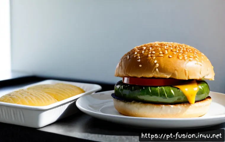 Home 17 퓨전 버거 냉동식품 리뷰 - Photorealistic frozen fusion burger review scene in a bright contemporary Portuguese home kitchen, a...