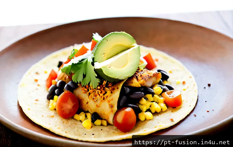 Home 17 퓨전 타코의 크런치 옵션 - Photorealistic close-up of a Brazilian-inspired fusion taco on a rustic ceramic plate, showing a cri...